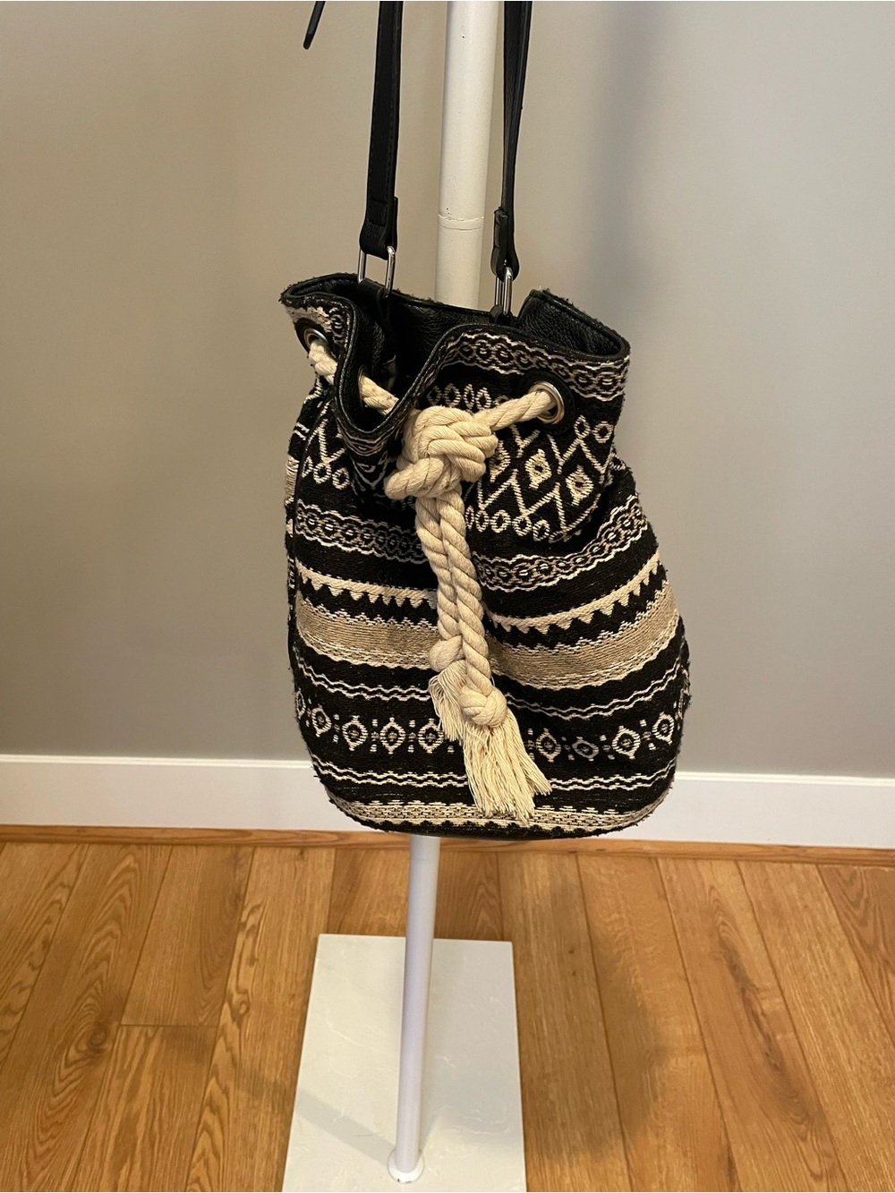 JustFab Black and Cream Woven Drawstring Shoulder Bag